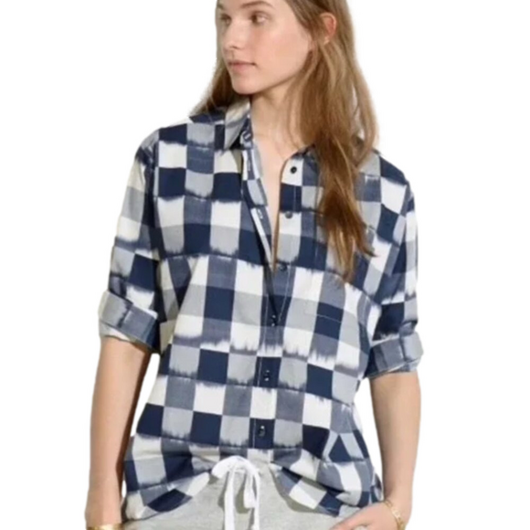 Madewell Tops - Madewell Bleeding Blue and White Plaid Women's Button-Up High Low Hem Top Small